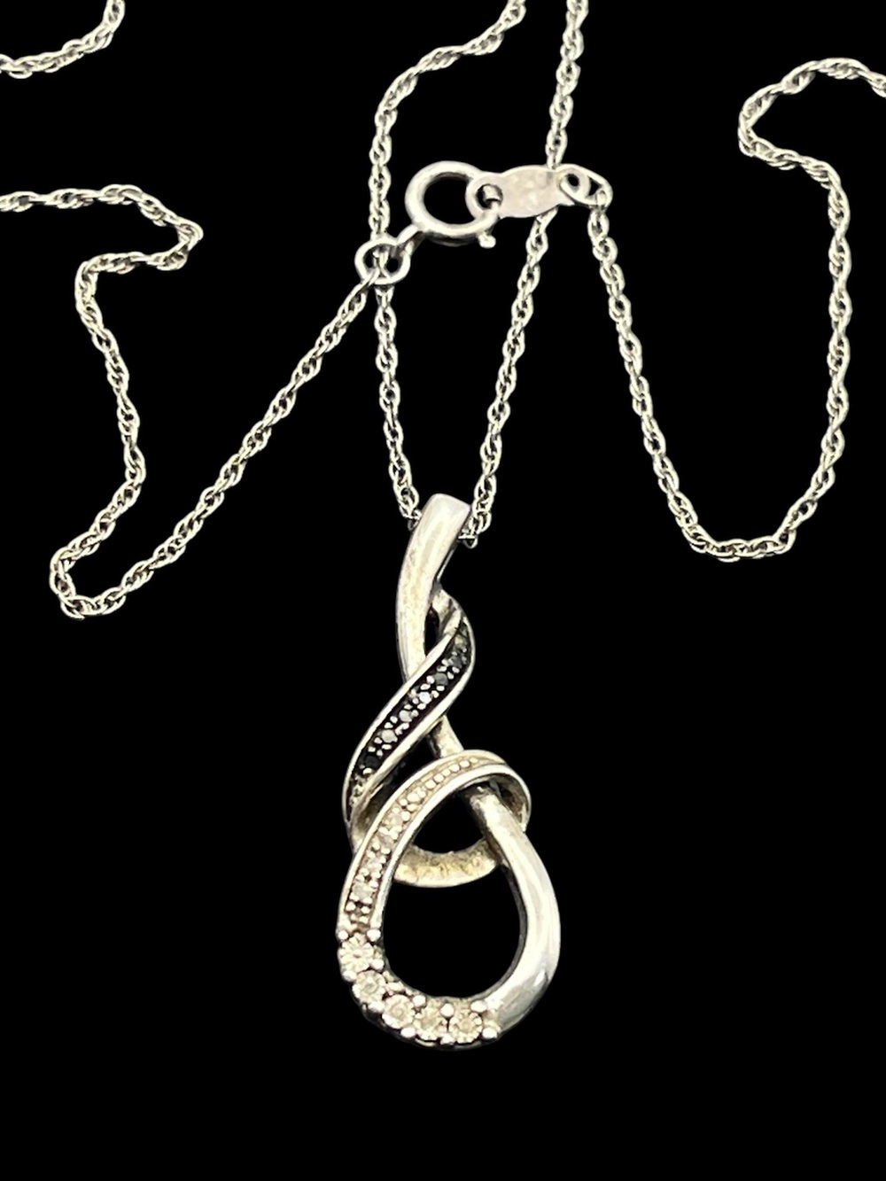 Sterling silver diamond chip infinity twist knot pendant on chain necklace